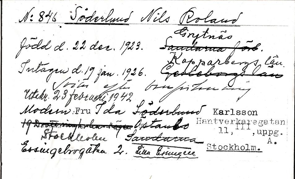 Roland Söderlunds inskrivningskort 1926.