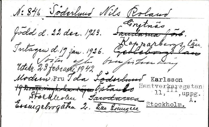 Roland Söderlunds inskrivningskort 1926.