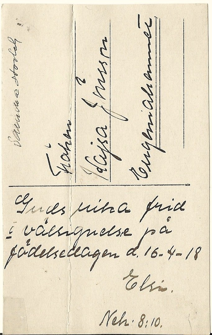 Grattiskort till fröken Kajsa Jönsson 1918. (Baksidan)