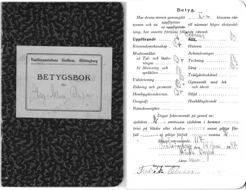 Stig Allan Olssons betyg i första klass 1947